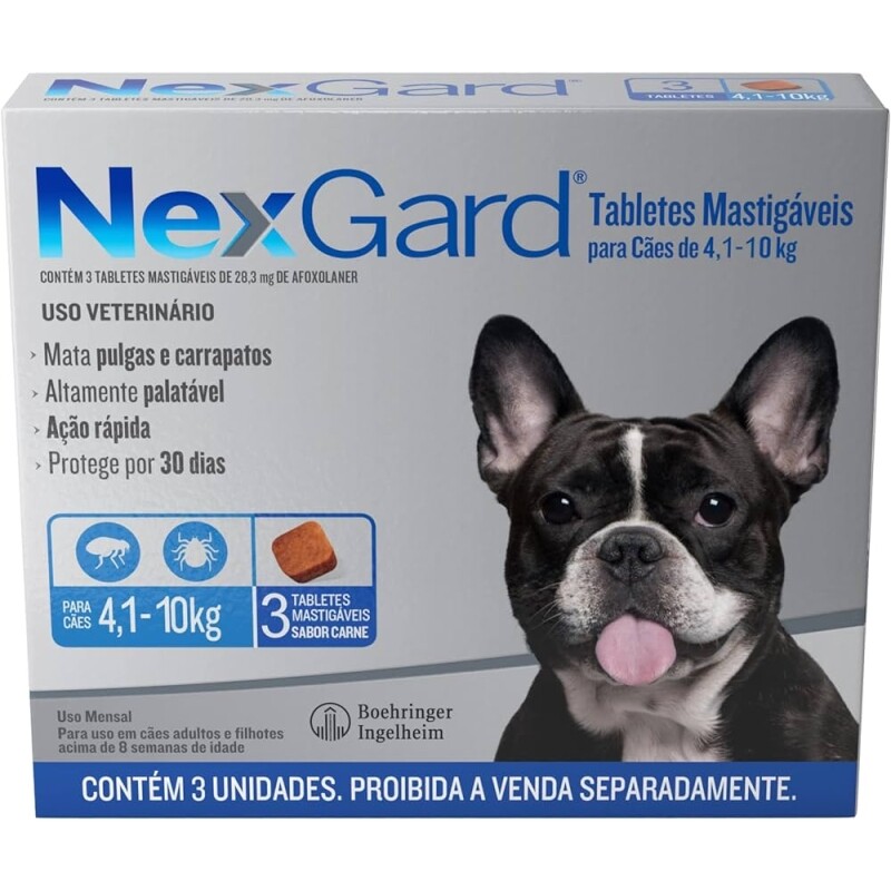 Antipulgas e Carrapatos NexGard para Cães de 4,1 a 10kg 3 tabletes