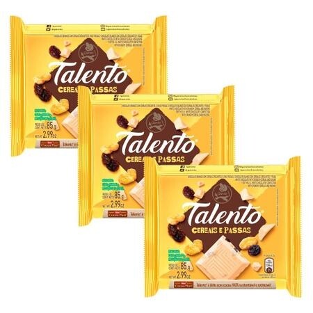 3 Unidades Barra de Chocolate Talento Branco com Cereais e Passas Garoto - 85g