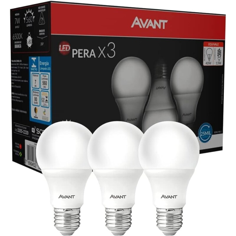 3 Kits Lâmpada Pera LED 7W Luz branca 6500K soquete E27 Bivolt Avant - 9 Unidades