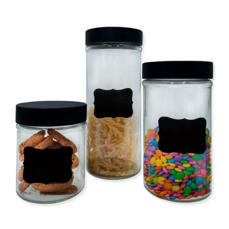 Kit 3 Potes de Vidro Transparente Redondo Cilíndrico para Alimentos e Mantimentos C/ Tampa e Adesivo Lousa P/ Escrever