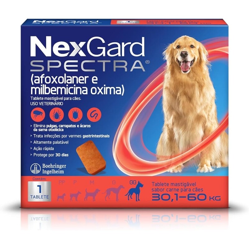 NexGard Spectra Antipulgas e Carrapatos e Vermífugo para Cães de 301 a 60kg - 1 tablete