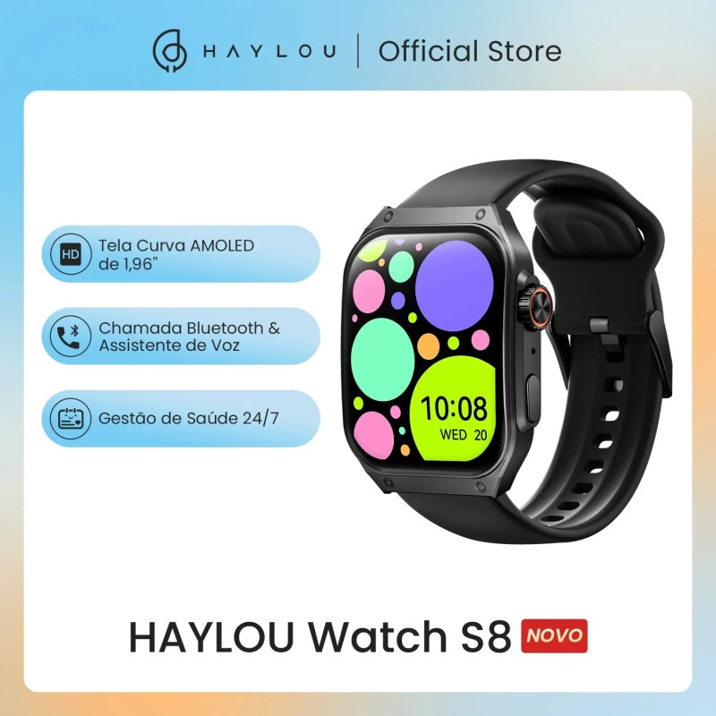 HAYLOU Watch S8 Smartwatch 1.96 ''AMOLED Tela Curva BT5.3 Bluetooth Chamada AI Voice Assistant
