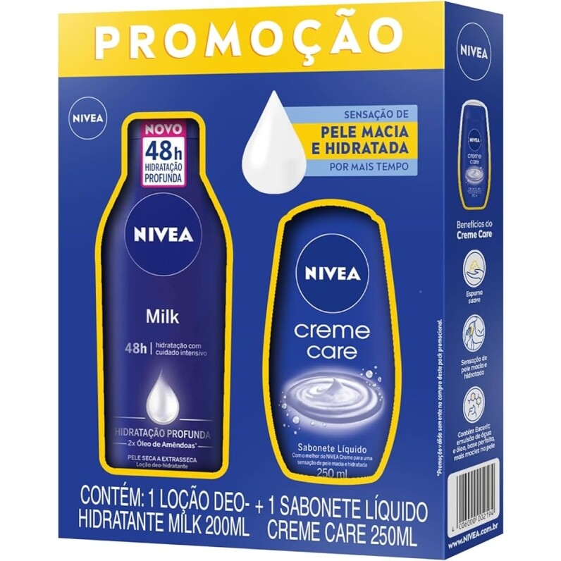 2 Unidades Kit Loção Hidratante NIVEA Milk Pele Seca a Extrasseca 200ml + Sabonete Líquido Creme Care 250ml