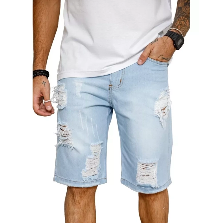 Bermuda Jeans Rasgada Masculina Sem Lycra Linha Premium 2023