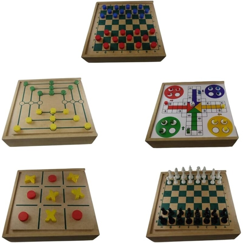 5 em 1 Jogos de Tabuleiro Xadrez Damas Ludo Jogo Da Velha Trilha (5 Jogos em 1 caixa)