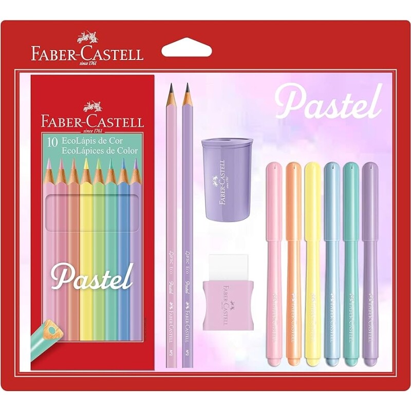 Kit Tons Pastel Faber-Castell com 20 Lápis de Cor + Canetinhas + Borracha + Apontador + Grafite