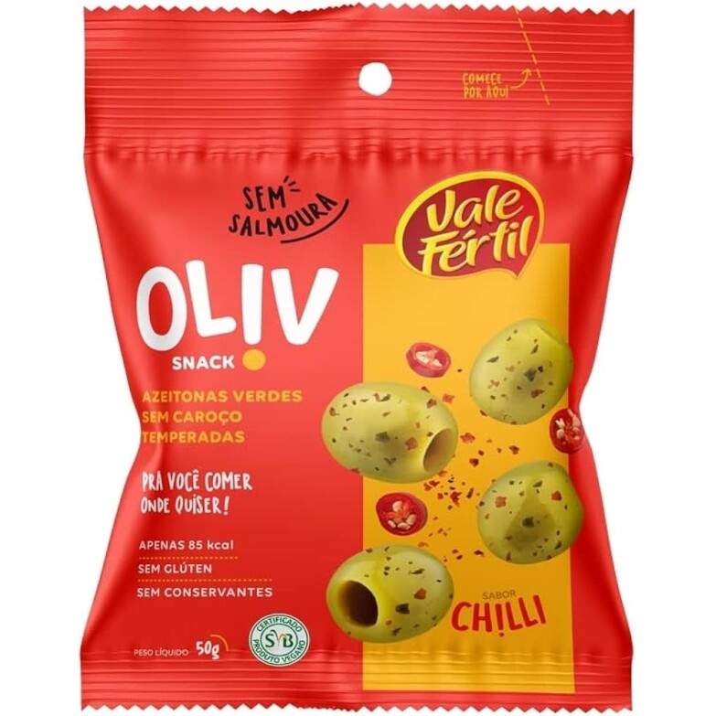 10 Unidades Vale Fértil Snack de Azeitona Verde Chilli Oliv Pacote 50g