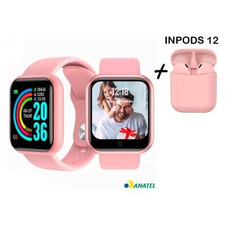 Kit Relogio Smartwatch Inteligente Y68 D20 + Fone inPods 12 Bluetooth - Rosa