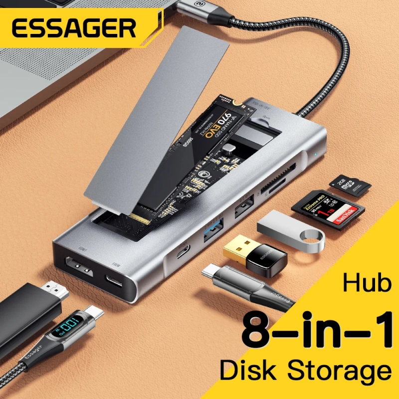 8-IN-1 Hub Essager USB Tipo-C para HDMI Dock Station