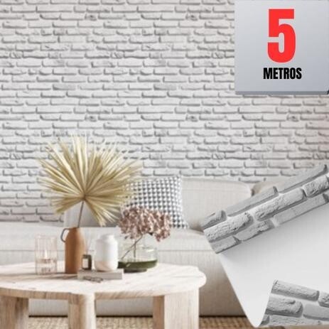 Papel de Parede Autoadesivo Premium 5M Tijolinho Branco 3D Sala/Quarto 5m x 45cm