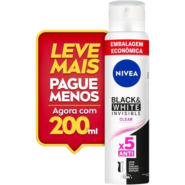 10 Unidades Desodorante NIVEA Antitranspirante Aerossol Invisible Black & White Clear 200ml