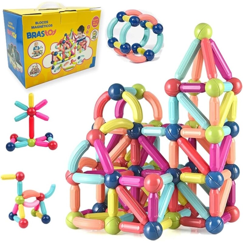 Brastoy Blocos de Bastões Construção Magnéticos Brinquedo Educativo Infantil (128 Peças)