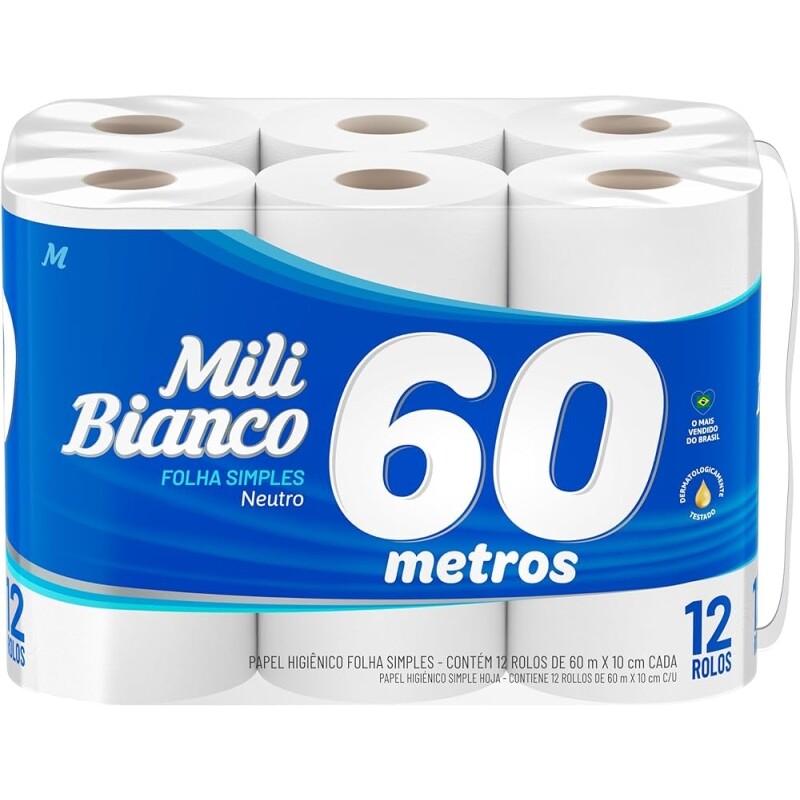 Mili Bianco Papel Higiênico 60m Folha Simples Neutro - 12 rolos