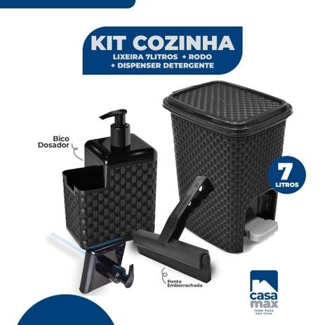 Kit para Pia com Lixeira Rattan 7 Litros + Dispenser Detergente e Esponja + Rodo