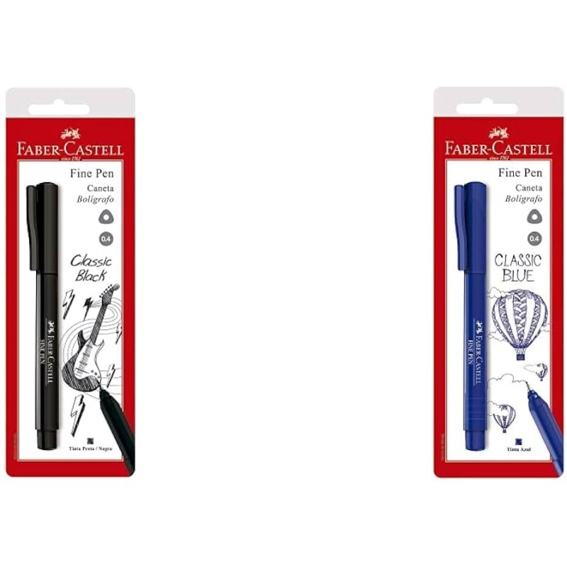Caneta Ponta Fina Faber-Castell Fine Pen SM/FPBPRZF Preta + Caneta Fine Pen Faber-Castell SM/FPBAZZF Azul