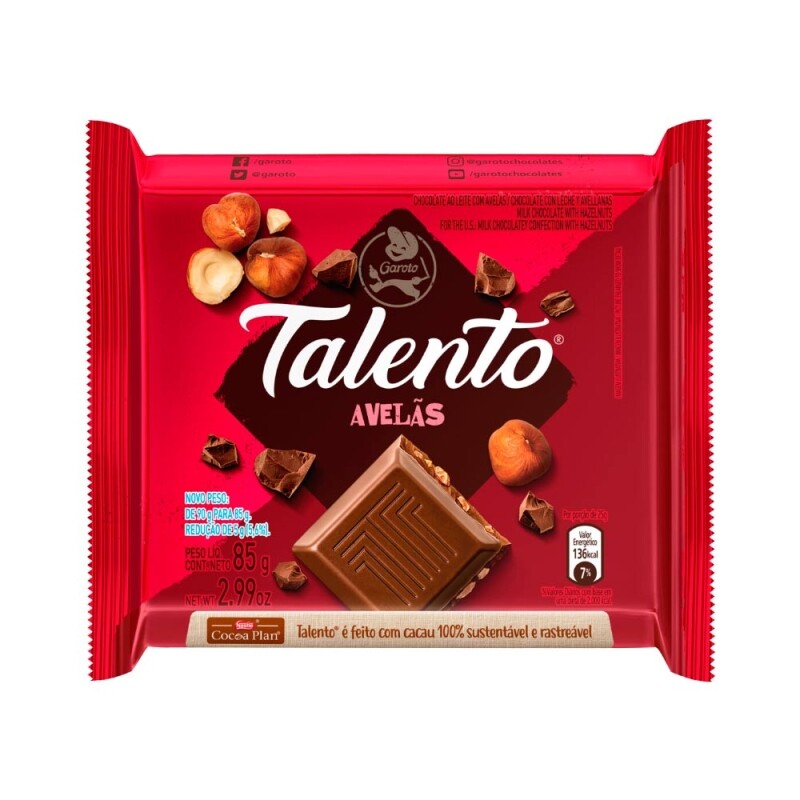5 Unidades Chocolate Talento ao Leite com Avelãs 85g