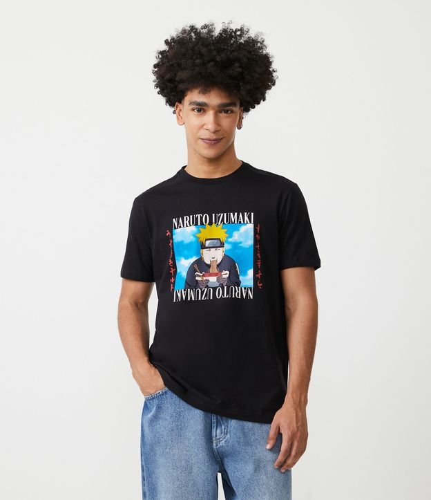 Camiseta Regular em Algodão com Estampa Naruto Comilão Preto