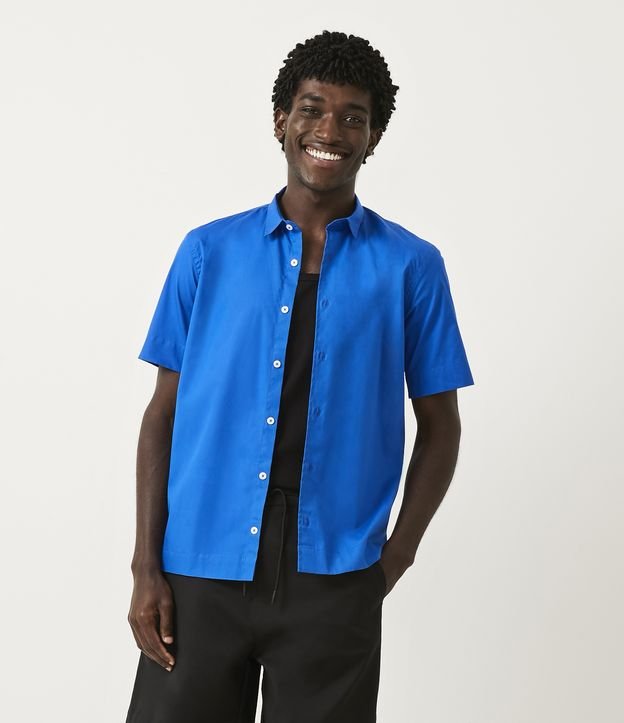 Camisa Em Algodão Com Gola Colarinho E Manga Curta Azul