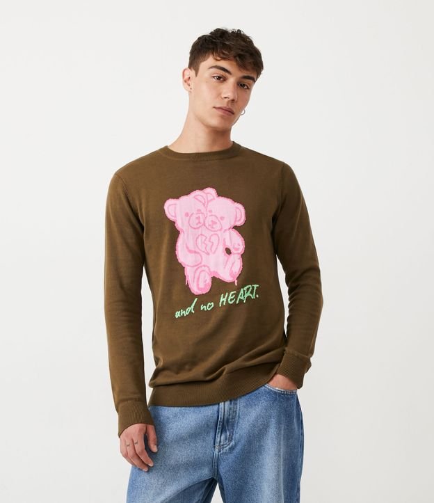 Suéter Regular Em Algodão Com Estampa De Urso E Lettering Verde