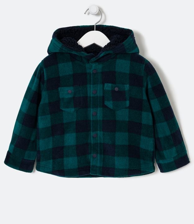 Camisa Infantil em Fleece Xadrez com Capuz e Forro de Sherpa - Tam 2 a 5 Anos