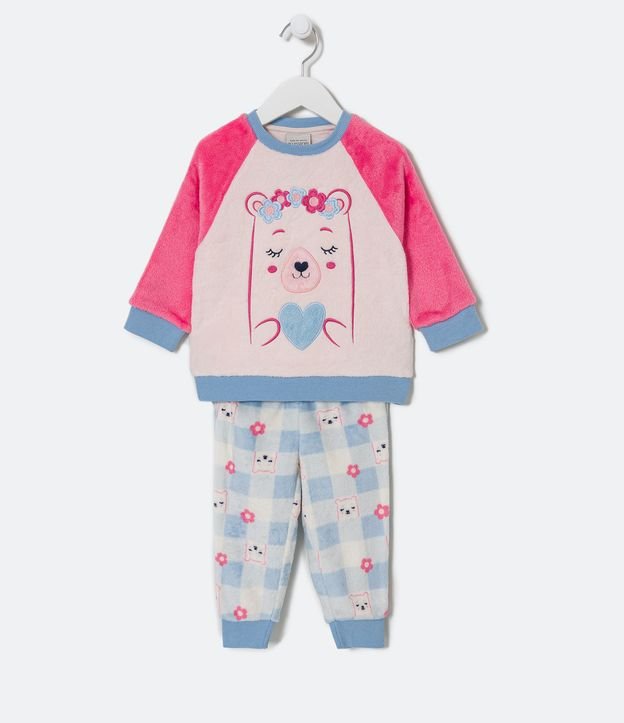 Pijama Longo Infantil em Fleece com Bordado de Ursinho - Tam 1 a 4 Anos