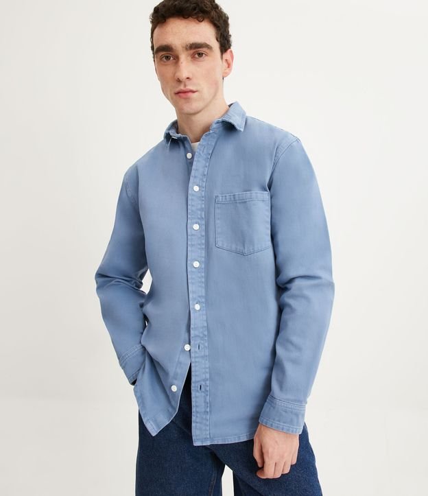 Camisa Overshirt Em Algodão Com Bolso Frontal Azul Claro