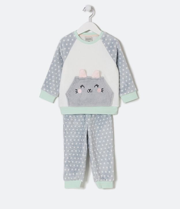 Pijama Longo Infantil em Fleece com Bordado de Gatinho - Tam 1 a 4 Anos