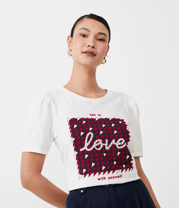 Camiseta em Algodão com Manga Bufante e Estampa Lettering Fall in Love With Yourself