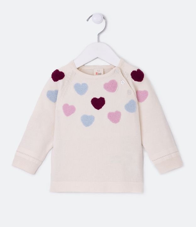 Blusão Infantil em Tricô com Bordado de Corações - Tam 0 a 18 meses