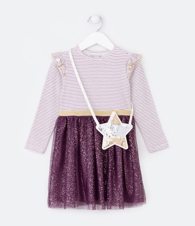 Vestido Infantil com Saia de Tule e Acompanha Bolsa de Estrela - Tam 1 a 5 Anos