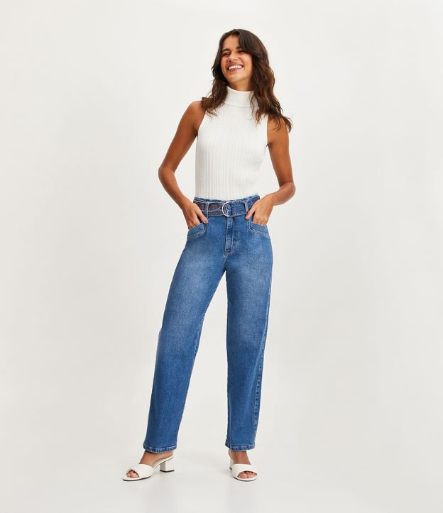 Calça Reta Jeans com Cinto Faixa e Bolso Embutido