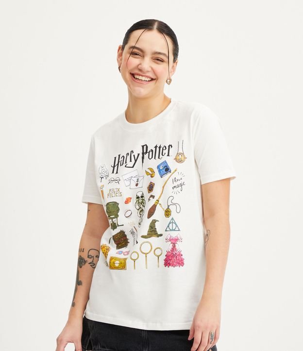 Camiseta em Meia Malha com Manga Curta e Estampa Harry Potter Off White