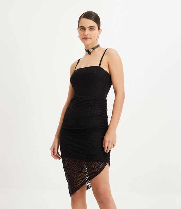 Vestido Midi de Alça em Tule Texturizado com Barra Assimétrica - Feminino