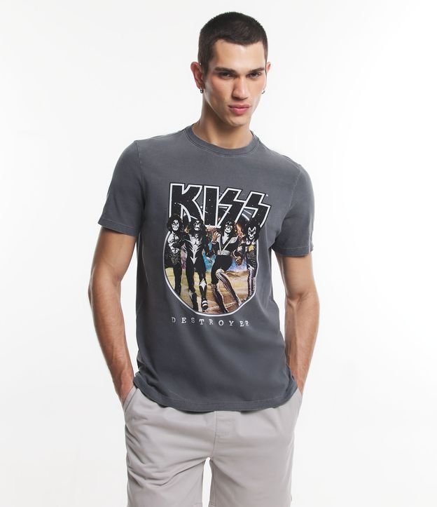 Camiseta Regular Estonada com Estampa Kiss Destroyer