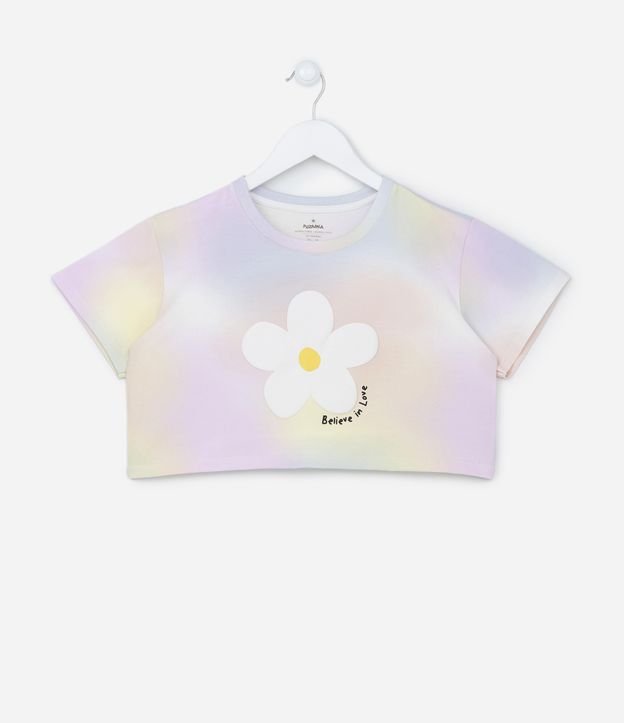 Camiseta Cropped Infantil com Fundo Tie Dye e Florzinha Frontal - Tam 5 a 14 anos