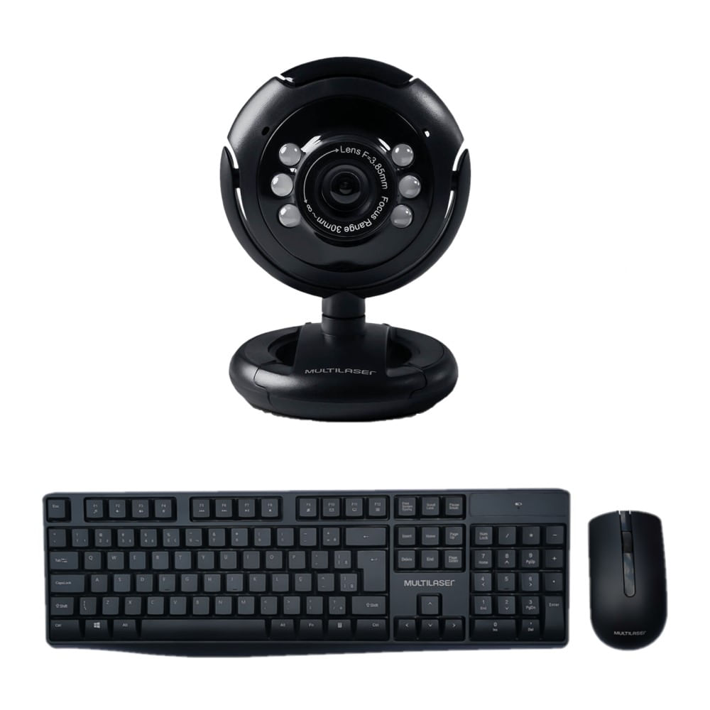 Webcam Standard 480p 30Fps Led Noturno e Teclado e Mouse Sem Fio Slim 1600dpi Preto - TC27