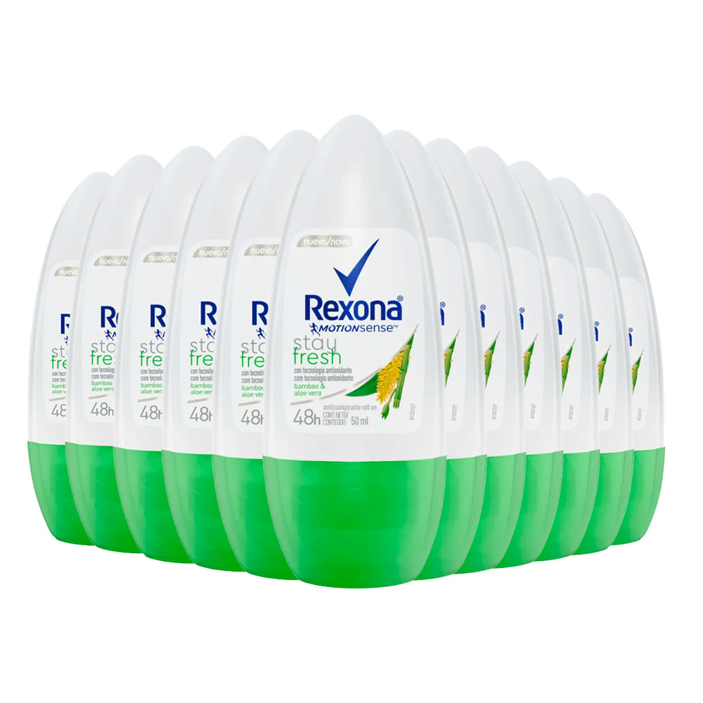(R$ 3,99 cada) Kit Desodorante Roll On Rexona Stay Fresh Bamboo E Aloe Vera 50ml - 12 Unidades