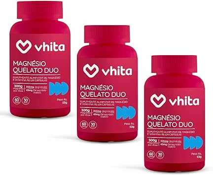 Kit Combo 3x Magnésio Quelato Duo Vhita 300mg Dimalato e Bisglicinato com Vitamina B6 60 cápsulas