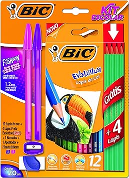 Kit Escolar Bic Lápis 12 Cores 4 Preto Evolution 2 Canetas 1 Borracha + Apontador