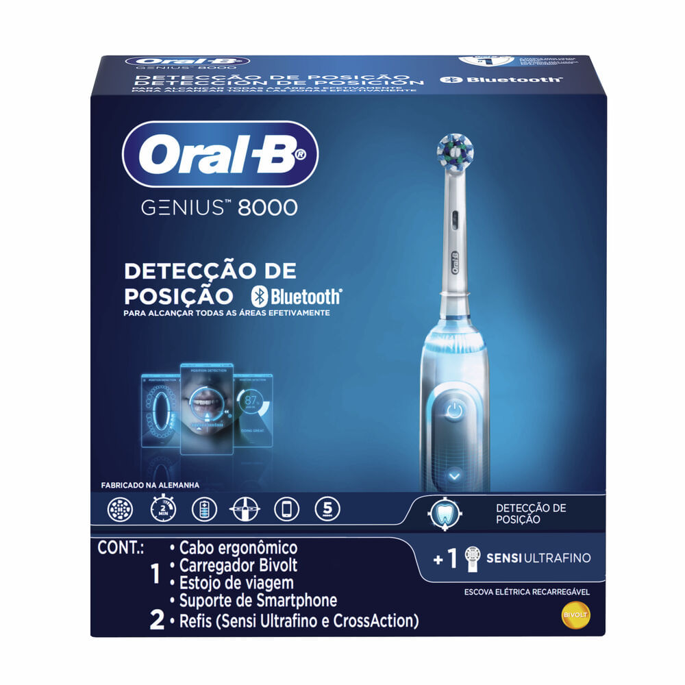 Escova Dental Elétrica Oral-B Genius 8000 Bivolt Recarregável + 2 Refis Sensi Ultrafino e Crossaction
