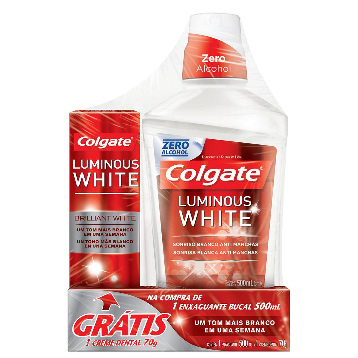 Enxaguante Bucal Colgate Luminous White 500ml + Creme Dental Clareador Luminous White Brilliant White 70g