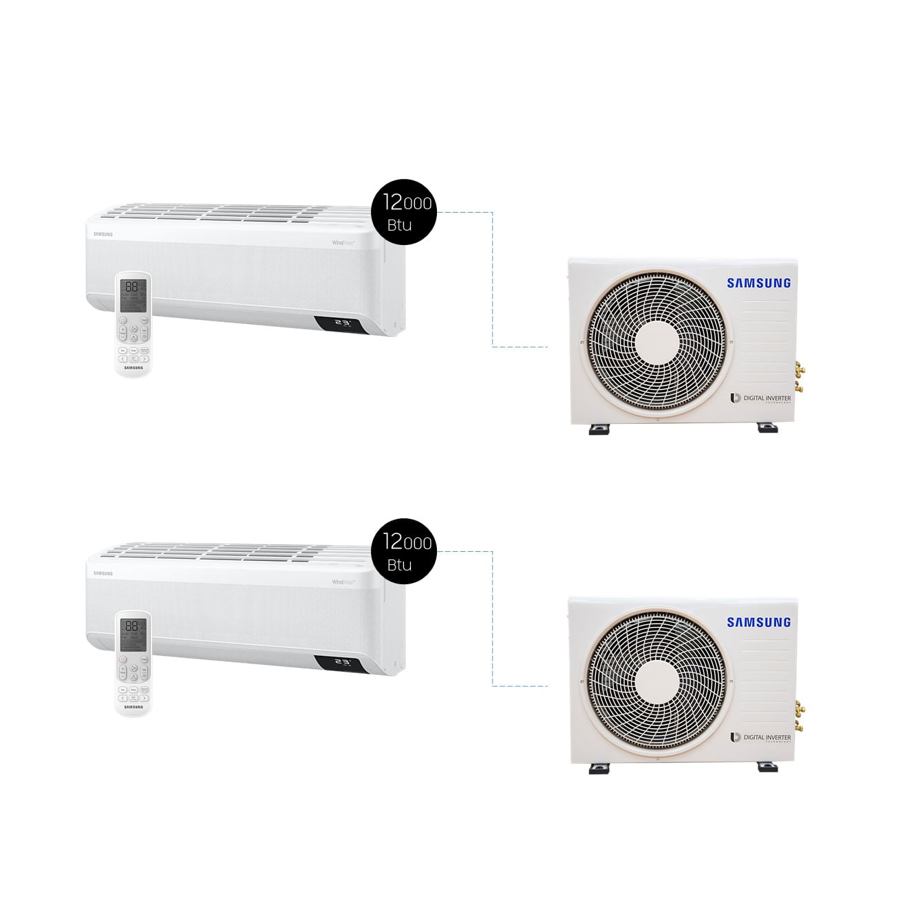 (R$ 2.187,26 cada) Kit Ar Condicionados 2 x 12.000 Btus Inverter Sem Vento Samsung WindFree Quente e Frio (220V)