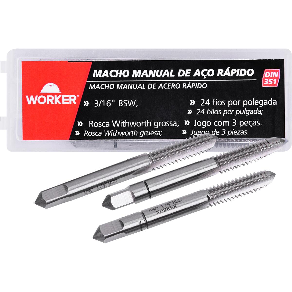 Jogo de Macho Manual Din351 Bsw 3/16"x24" 3 Peças Worker