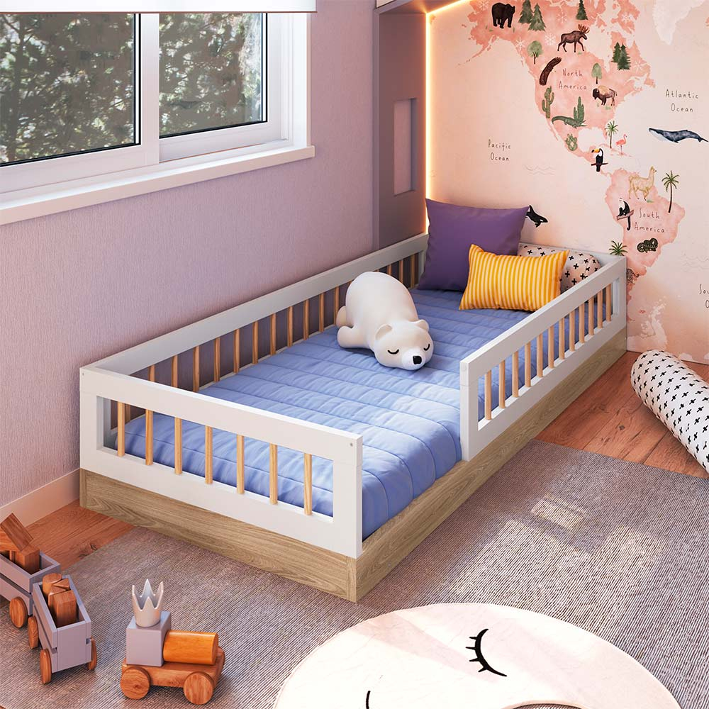 Cama Montessoriana Infantil Solteiro Com Grade De Proteção 84 x 195 cm Aveiro Oak Branco Suki Shop Jm