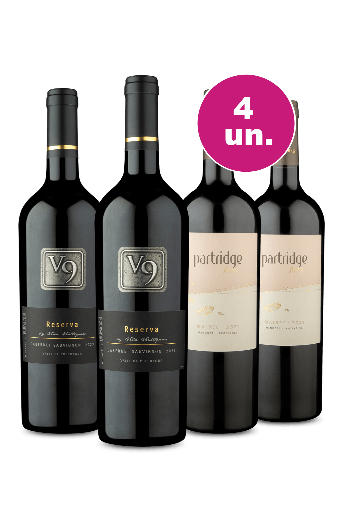 Kit com 4 vinhos - V9 Reserva e Partridge Malbec