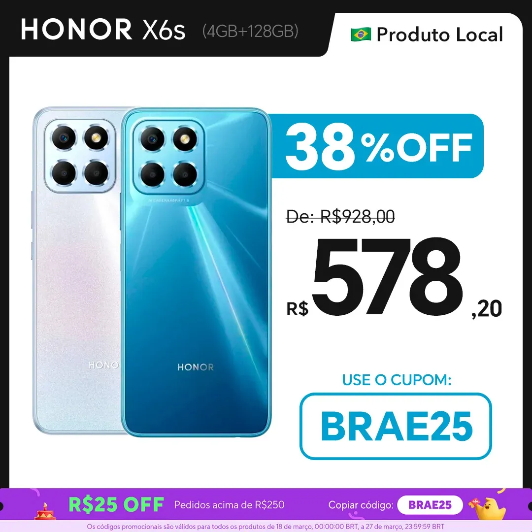 [Do Brasil] Honor X6s 128GB / 4GB RAM Versão Global | Envio do Brasil | Smartphone 4G