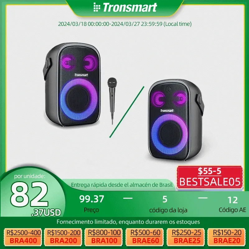 (Brasil) Caixa de Som Bluetooth v5.3 Tronsmart Halo 100 RGB 60W Com modos de áudio duplos