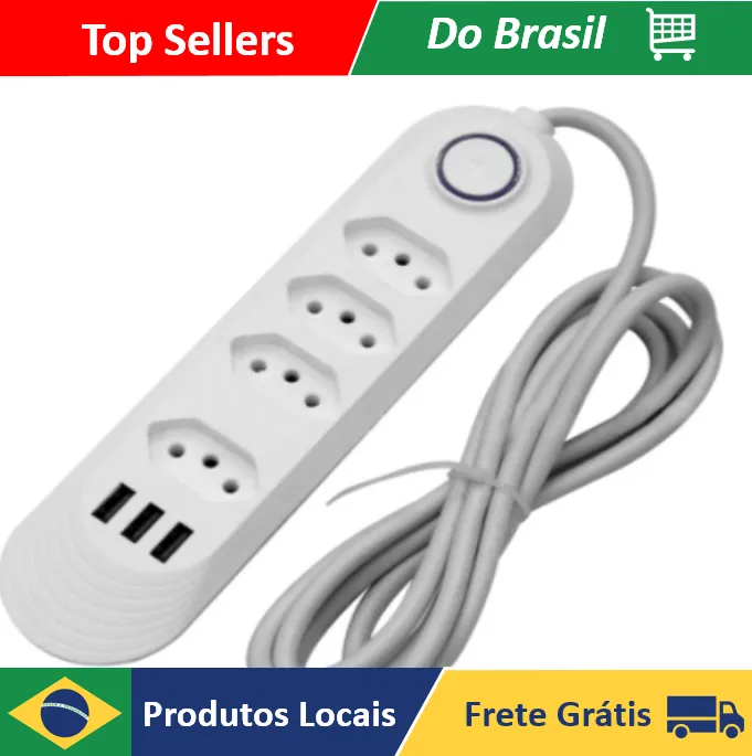 [Do Brasil] Extensão Elétrica 2m Com 3/4 Tomadas e 3 Entradas USB com Botão