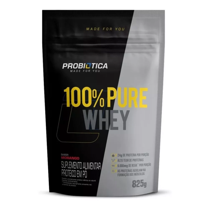 Suplemento em pó Probiótica 100% Pure Whey proteínas 100% Pure Whey sabor morango em sachê de 825g