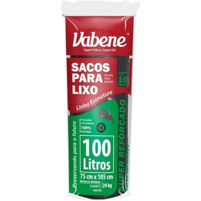 6 Pacotes Saco de Lixo Vabene Extra Forte Preto 100L - 10 Sacos Vabene